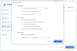 Choose a format and decide a storage path in “Transfer Settings” > Click “Start Transfer” to continue.