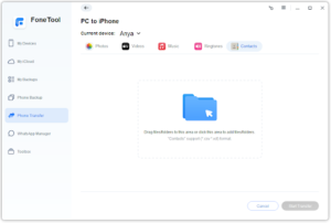 Click the “Contacts” button > Tap the “Folder” icon to choose the contacts exported before on the computer > Tap “Start Transfer”